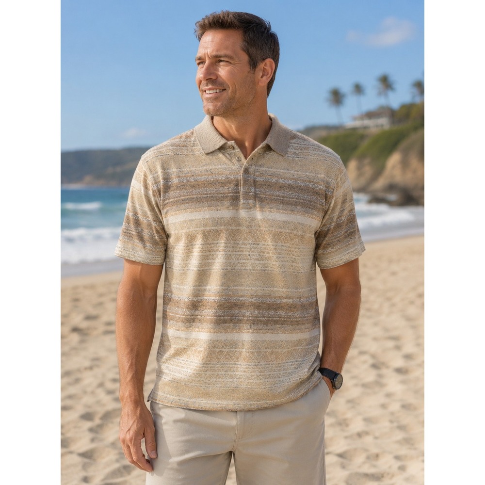 Bugatchi Uomo‎ Men's Short Sleeve Shirt Tan Striped Size Large Beach Casual -227